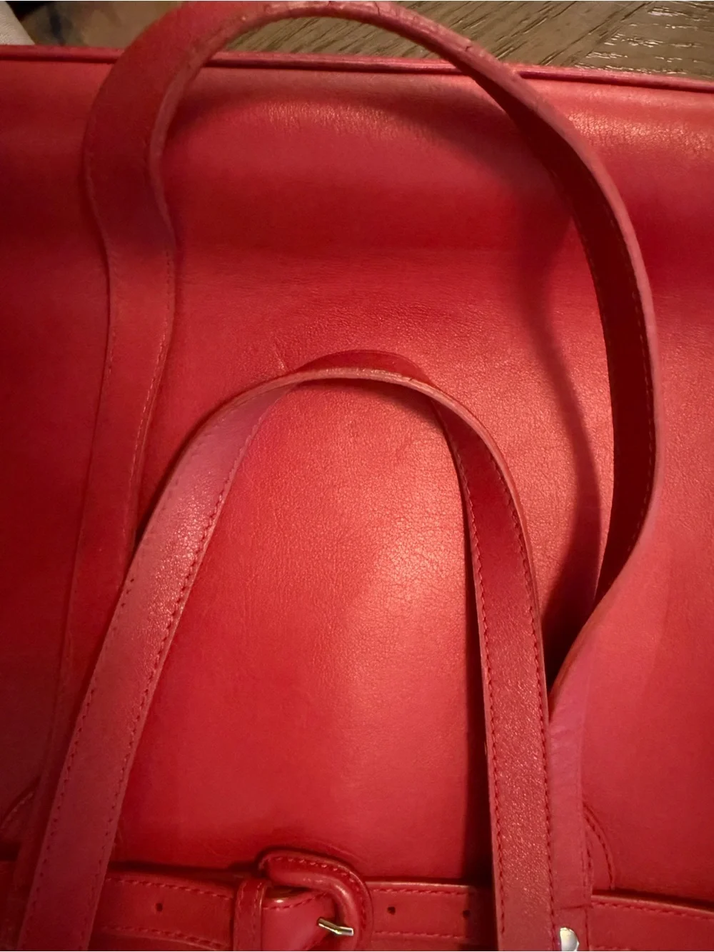Women’s Red Leather Tote with Belt Accent, pockets and laptop slot